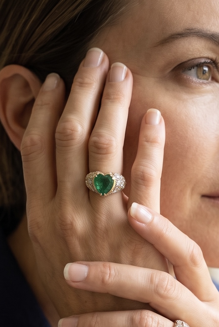 BAGUE COEUR ÉMERAUDE ET DIAMANTS