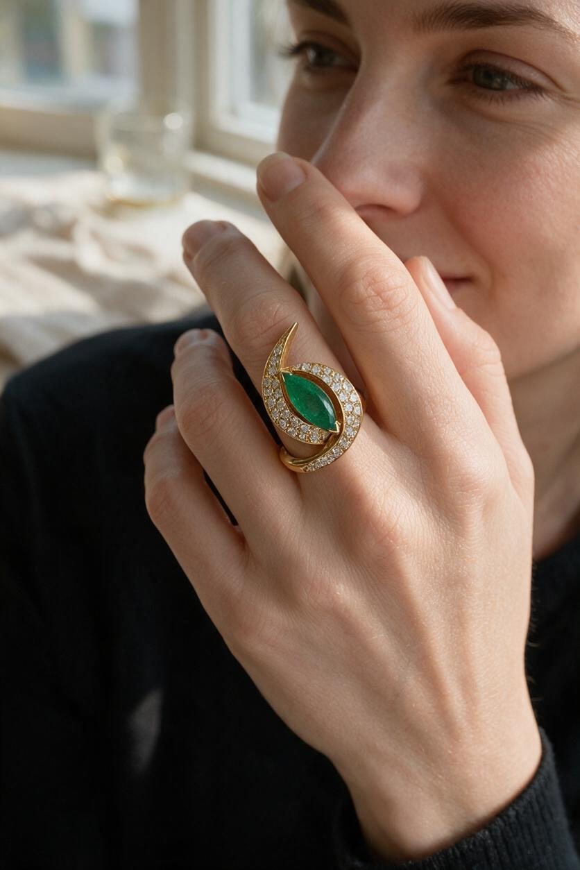 BAGUE MODERNE ÉMERAUDE ET DIAMANTS
