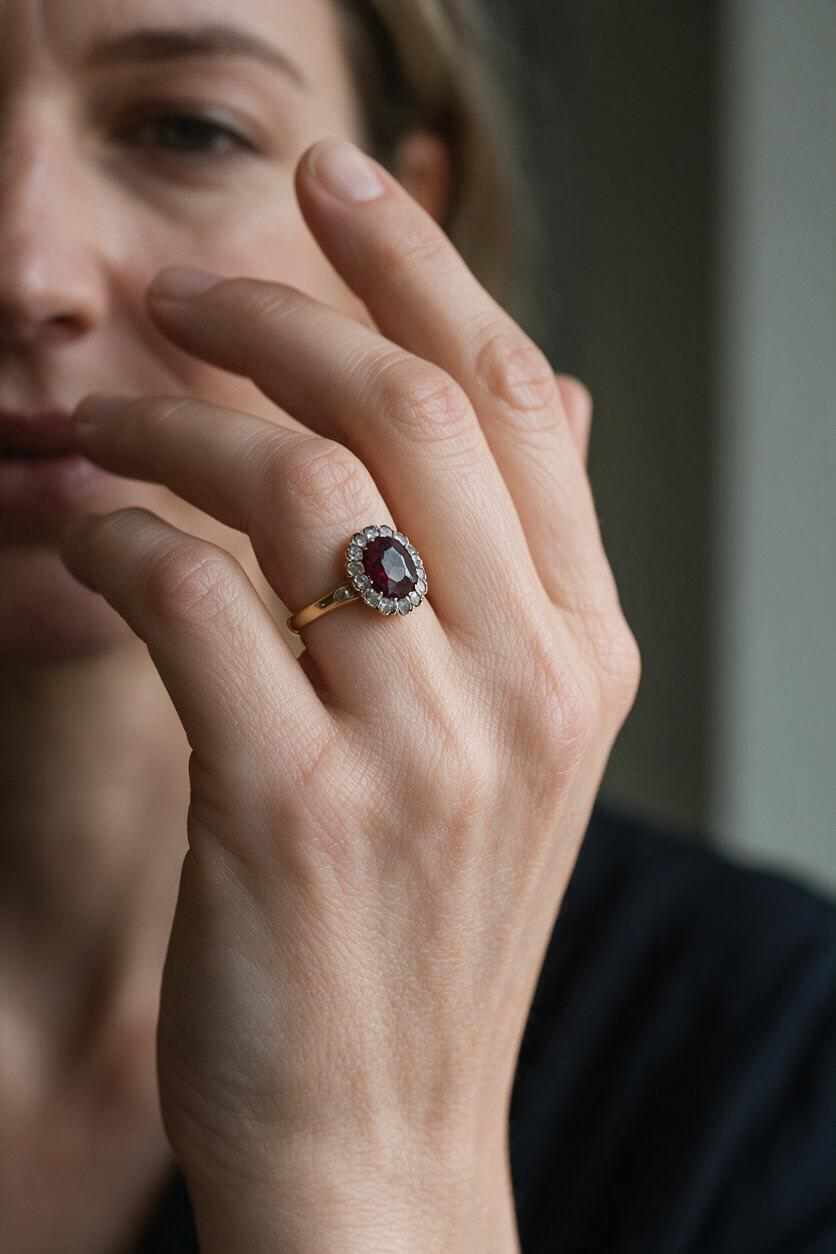 BAGUE POMPADOUR GRENAT ET DIAMANTS