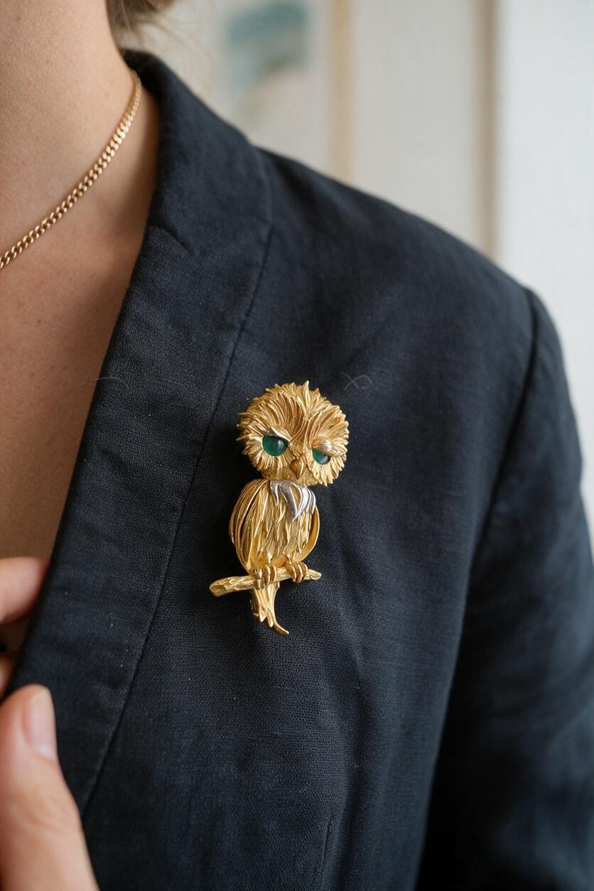 BROCHE HIBOU EMERAUDES