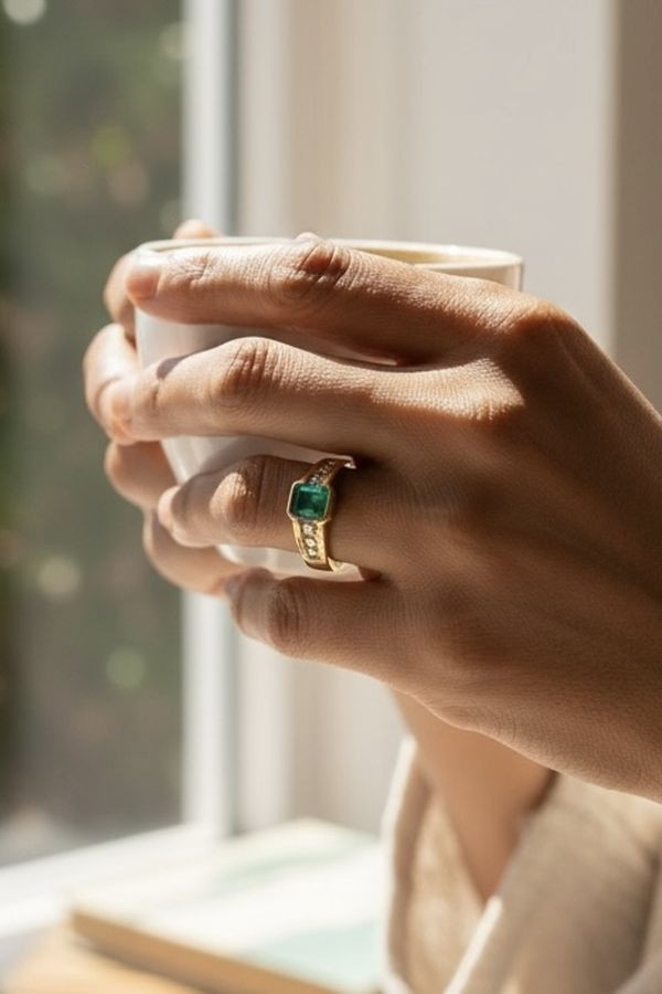 BAGUE MODERNE ÉMERAUDE ET DIAMANTS