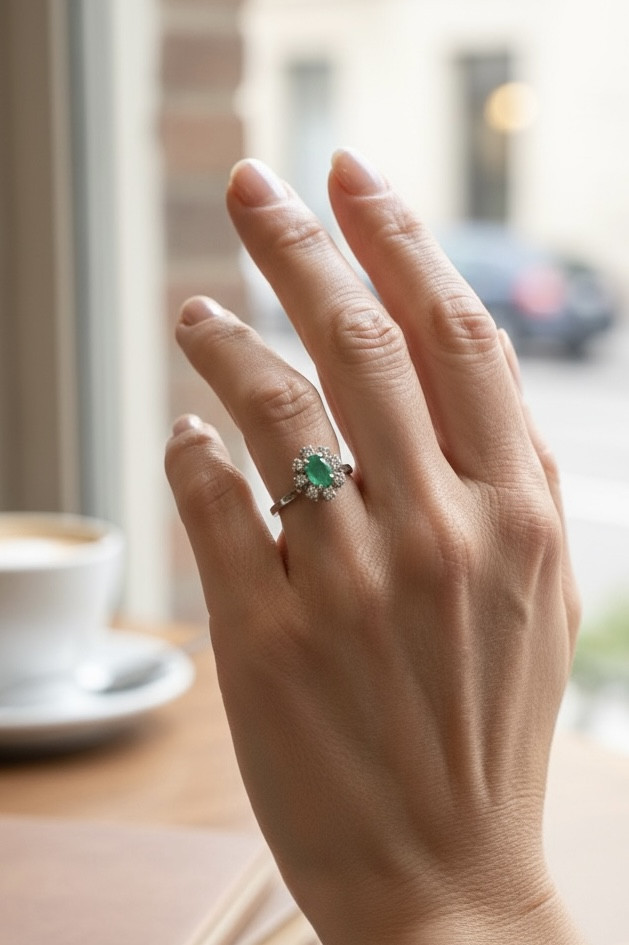 BAGUE MARGUERITE ÉMERAUDE ET DIAMANTS